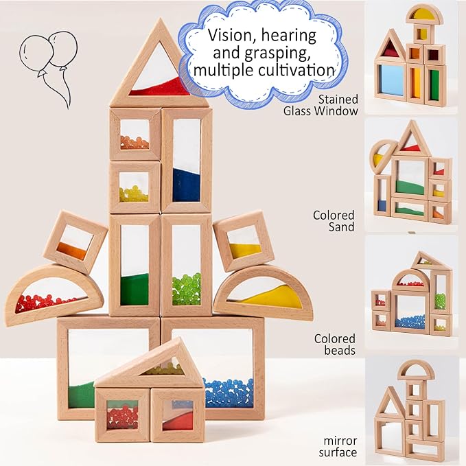 Dinhon 23PCS Sensory Blocks for Toddlers 1-3 & Kids 4-8 - Large Montessori Wooden Building Blocks with Rainbow Colors, Stacking Toys for Boys Girls, Sensory Play & Preschool Learning, Toddler Gift