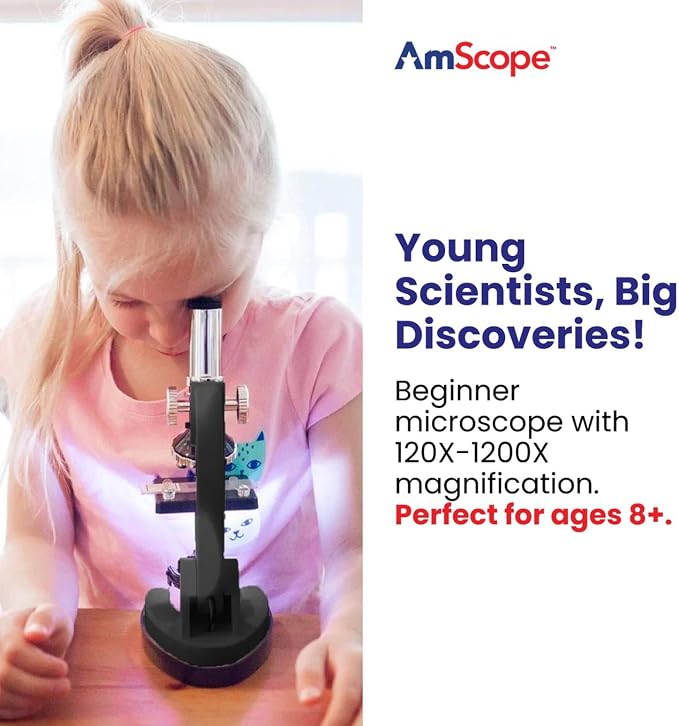 AmScope M30-ABS-KT51/KT2 51-piece 300x-600x-1200x Metal Frame Kids Student Beginner Compound Microscope Kit | Monocular Head Compound Biological Microscope