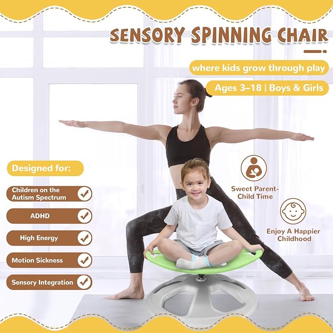Zhenx Spinning Chair for Autistic Kids with Handles - Autism Sensory Toy | 220LBS Capacity Sensory Swivel Seat for ADHD Kids, Autism Sensory Products, Calming Gift Improve Focus & Body Balanc (Green)