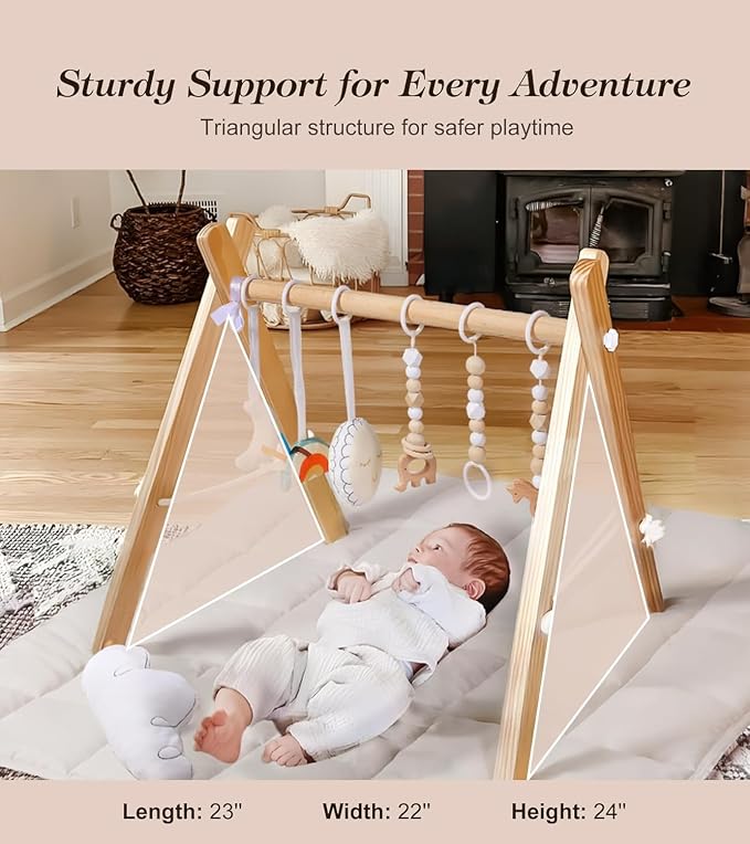 Wooden Play Gym with Beige Mat, Foldable Baby Play Gym, Infant Activity Mat with 6 Hanging Toys, Natural Pine Wood Frame Activity Center, Easy to Assemble & Clean, Newborn Present for Boys & Girls