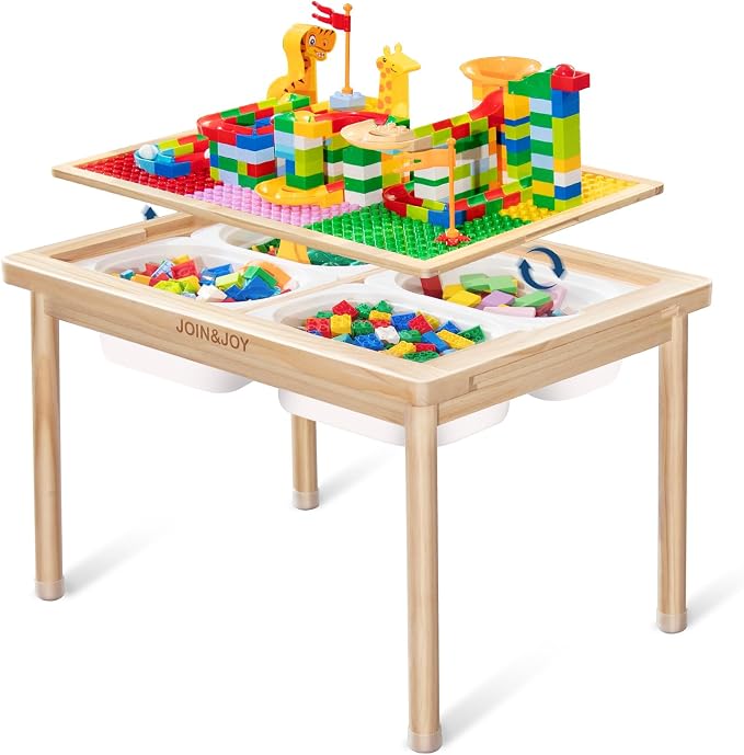 28" Kids Activity Table, Compatible with Lego & Duplo Bricks Play Desk | 4 Foldable Storage Bins, Premium Solid Pine Wood, Reversible Tabletop for Multi-Child STEM Learning & Crafts