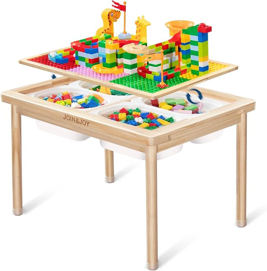 28" Kids Activity Table, Compatible with Lego & Duplo Bricks Play Desk | 4 Foldable Storage Bins, Premium Solid Pine Wood, Reversible Tabletop for Multi-Child STEM Learning & Crafts