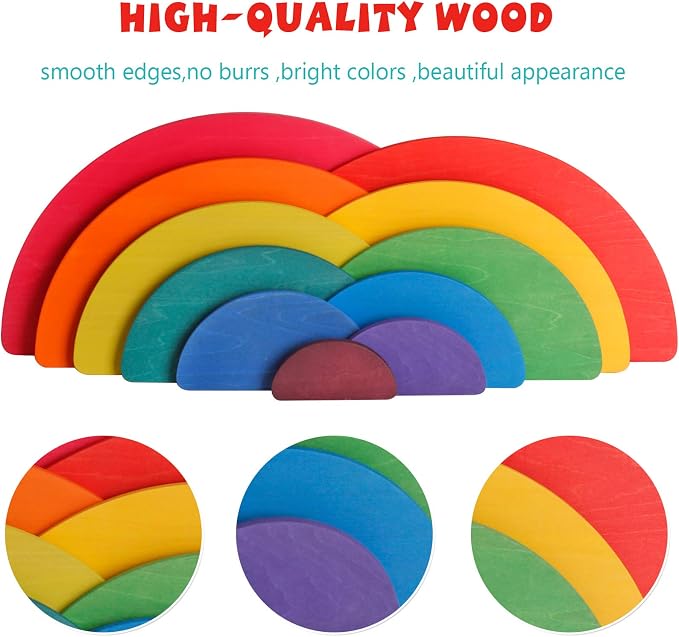 Dinhon 11Pcs Semicircle Stacking Toys Game Rainbow Stacker Wood Building Blocks Set for Kids Construction Building Toys Set Preschool Wooden Blocks for Boys Girl Colorful Learning Educational Toys