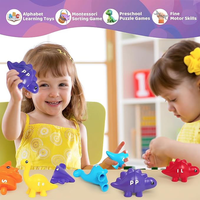13Pcs Dinosaur Alphabet Learning Toys, Double-Sided ABC Matching Game | Montessori Preschool Educational Sensory Toy, Preschool Travel Activities, Christmas Birthday Gifts for Boys Girls