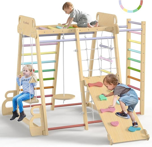 Upgraded Indoor Jungle Gym 9-in-1 Playground Kids Climbing Toys | Waldorf Style Wooden Climber Playset with Slide, Swing, Monkey Bars, Upright/Rope Ladder, Climb Net, Colorful