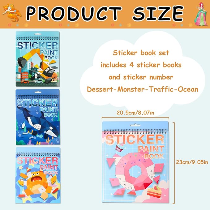 4 PCS Sticker by Number Sticker Paint Books for Kids Boys Girls Ages 4-8 Ocean Vehicles Desserts Monster Stickers Party Favors Road Plane Travel Activity Book Toy Gifts
