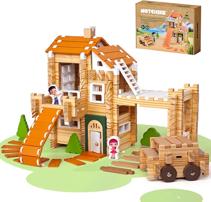 Jovi-mindly＆Notchies New 206 PCS Wooden Blocks Wooden Toys with House and Car, Preschool Learning Toys Wood Blocks Building for Kids Ages 4-8 Creative Construction Game,Birthday Toys Gifts