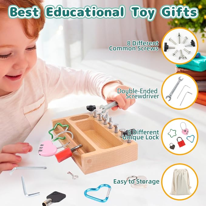 Occupational Therapy Tools Montessori Screwdriver Board Set | Kids Tool Set Lock and Key Toy Fine Motor Skills Life Skills Classroom Must Haves Travel Toys for Kids Ages 4-8 STEM Toys