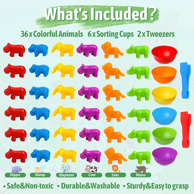 RAEQKS Counting Sorting Toys Matching Stacking Toys with Bowls Preschool Learning Activities Educational Sensory Game Montessori STEM Toy Daycare Sets Animals Gifts for Kids Boys Girls