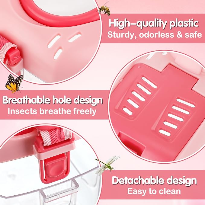 2 Sets Bug Catcher for Kids, Bug Catching Kit Gifts with Butterfly Net Toys | Built-in Magnifying Glass Bugs Box, Kids Camping Toys Bugs Collection Outdoor Explorer Kit for Girls Age 3 4 5 6 7 8, Pink