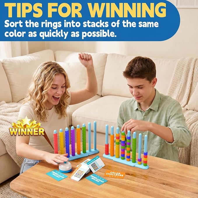 Color Challenge Game – 2 Pack Color Matching Puzzle Game for Family Game Night and Party, Board Game for Kids 6-8-12, Adults, Stacking Game with 2 Stack Racks, 100 Cards, 120 Rings, Bell, Storage Bag‌
