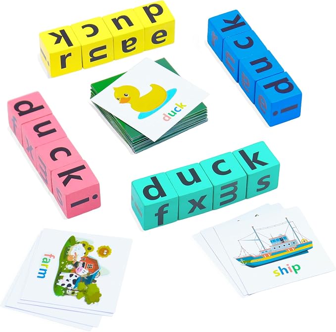 Spelling Games for Kids Ages 3-8, Learn to Read Phonics & Word Building Game with 40 Flash Cards, 16 Wooden Letter Blocks for Screen-Free Family Fun & Preschool Classroom Learning