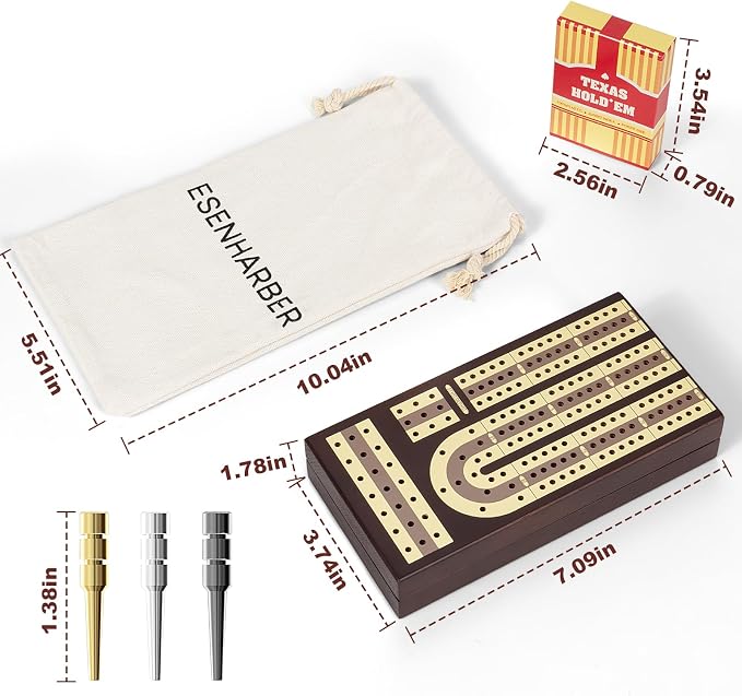 ESENHARBER Foldable Wooden Cribbage Board Set - Elegant 3-Track Design with Magnetic Closure, 9 Metal Pegs, Full Deck of Cards, Perfect for Family Game Nights and Travel