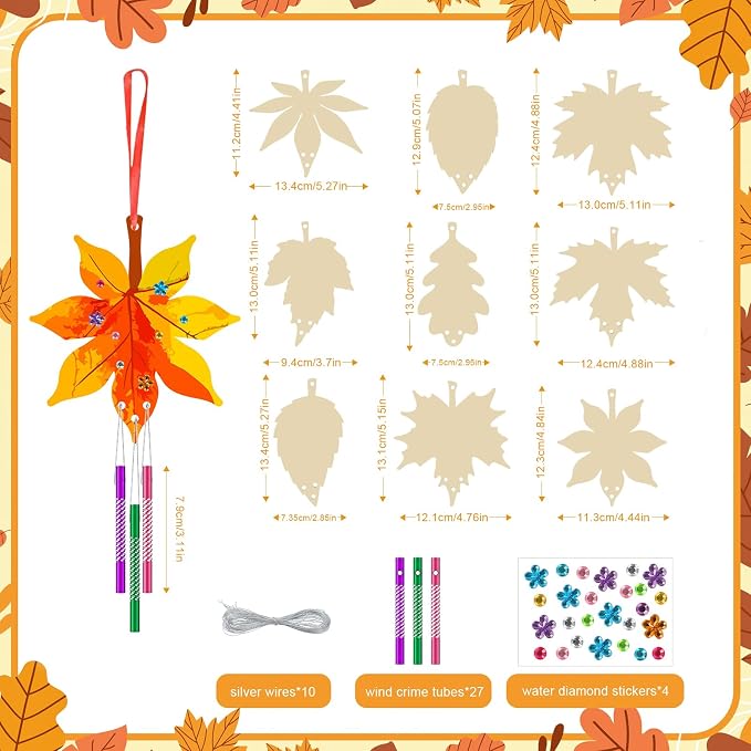 Sealmic Wooden Fall Wind Chime Kit Make Your Own Maple Leaf DIY Wind Chime Kit Coloring Fall Craft for Hanging Ornaments Thanksgiving Autumn Halloween Party Craft 9 Pack