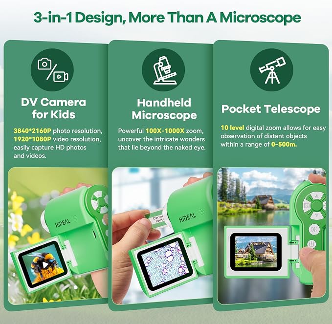 Hideal HP20 IPS Microscope for Kids: [3-in-1] [Easy and Fun] 2" Portable Handheld Microscope Miniscope, Pocket Mini Scope Educational Science Kit, Christmas Birthday Gifts for Kids, 32GB, Green