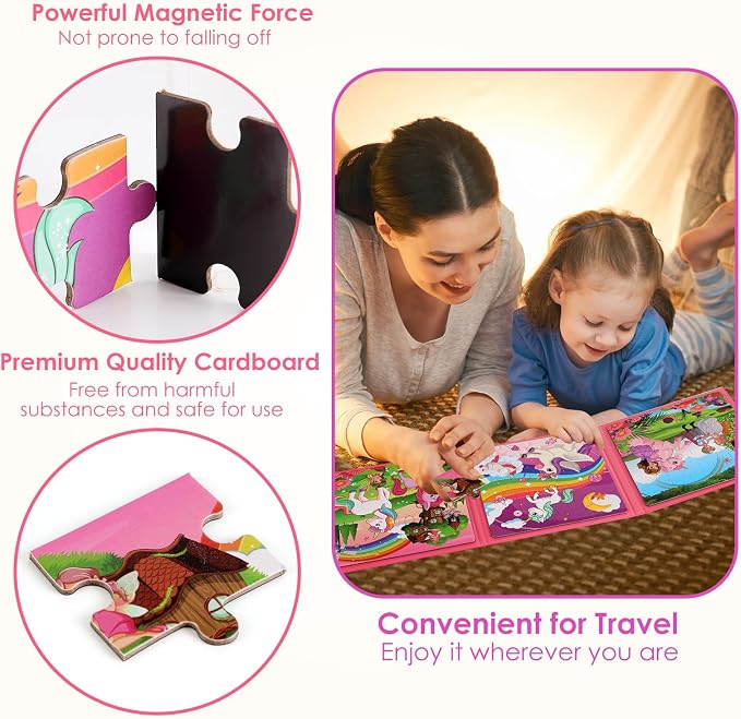 Magnetic Puzzles for Kids Ages 4-6, 20-Piece Preschooler Travel Toys Unicorn Princess Puzzles Ages 3-5, Educational Learning Magnets, Ideal Road Trip Activities Toys for 3 4 5 6 Boys and Girls