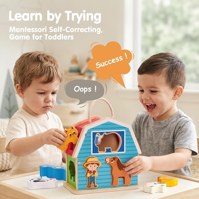 hahaland Wooden Montessori Toys Farm Animals Barn for Toddlers 1-3 | Shape Sorter Sorting & Stacking Learning Toy for 1 2 3 Year Old Boys Girls, Educational Toy Christmas Birthday Gift
