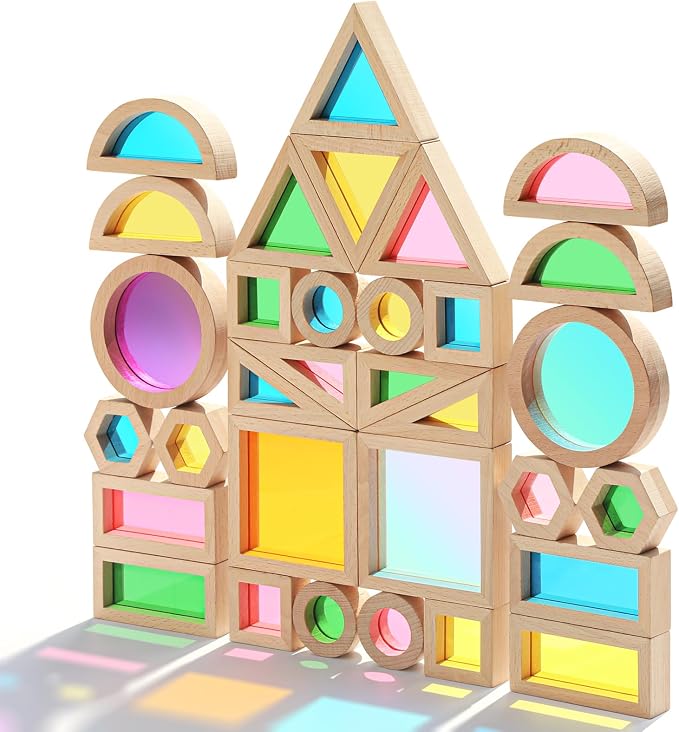Wooden Montessori Building Blocks w/Acrylic Windows, 32pc, 18M+ | Color-mixing light play; 9 shapes, 7 colors; smooth beechwood frames; screen-free STEM learning