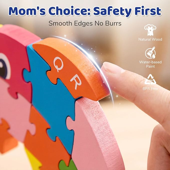 LovesTown Puzzle for Kids, Wooden, 3D Dolphin Shape | for Ages 3-5, Double-Sided, Alphabet Recognition, Number Counting, Fine Motor Skills, Montessori Learning Gifts