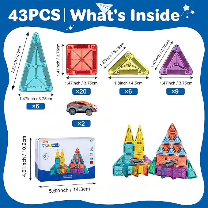 Magnetic Tiles for Kids Mini Magnetic Building Tiles with 2 Cars, Travel Magnetic Tiles with Case,STEM Toys for School Acitivities, Magnets Construction Tile Toy Ages 3-8 Boys Girls