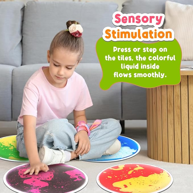 Sensory Floor Tiles for Kids: 4 Pack Sensory Toys for Kids with Autism | Round Liquid Play Mats for Lava Games, Gross Motor Skills- Sensory Room, Daycare Essentials, Preschool Must Have