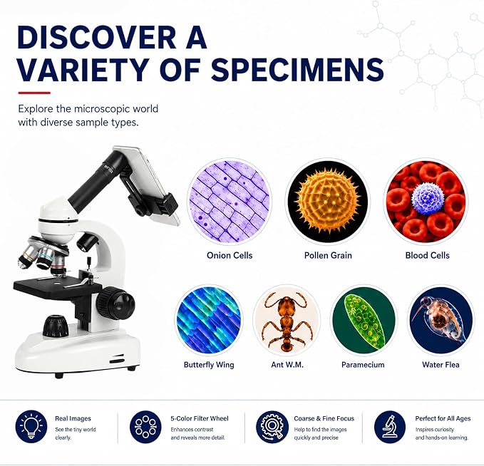 Microscope for Adults Students, 100X-2000X Metal STEM Microscope Kit | Dual LED Illumination, Complete Compound Microscope Kit for School Lab, Homeschool with Slides Set, Phone Adapter & Case Bag