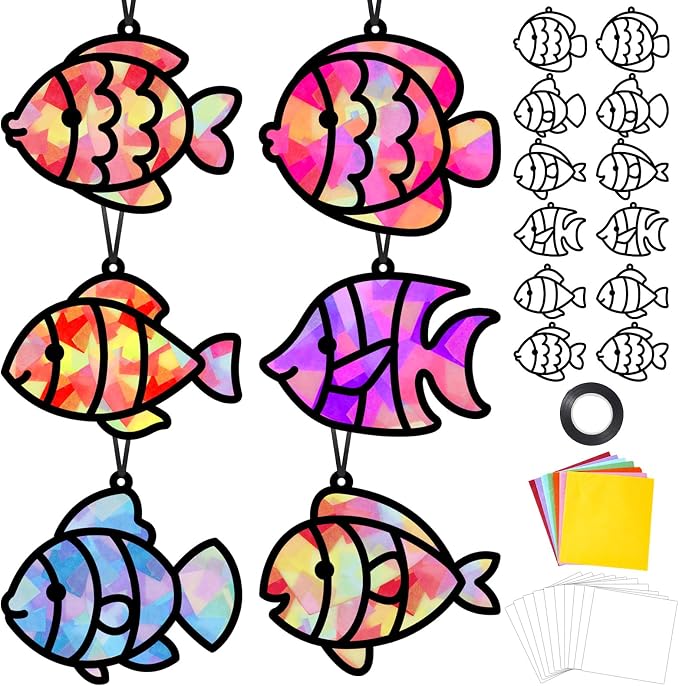 Qyeahkj 36 Set Under The Sea Fish Suncatcher Crafts for DIY Tropical Fish Window Tissue Paper Crafts Kit Summer Suncatcher Hanging Decor for Summer Home Activity Art Project Birthday Party Favor Gift