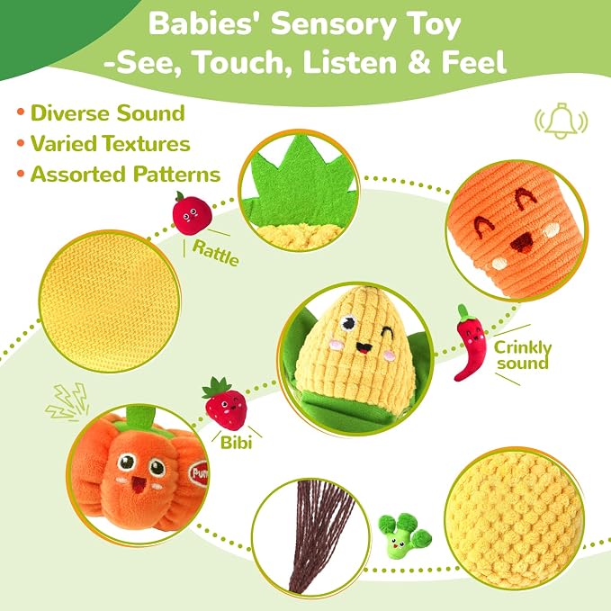 Baby Color Sorting Sensory Toys - Fruit Vegetable Play Food 1 Year Old Toys | Plush Pretend Play Toy for Toddlers 1-3, Montessori Toys Baby 6-12 Months Boy Girl Birthday Gifts, Peelable, Crinkle & Rattle