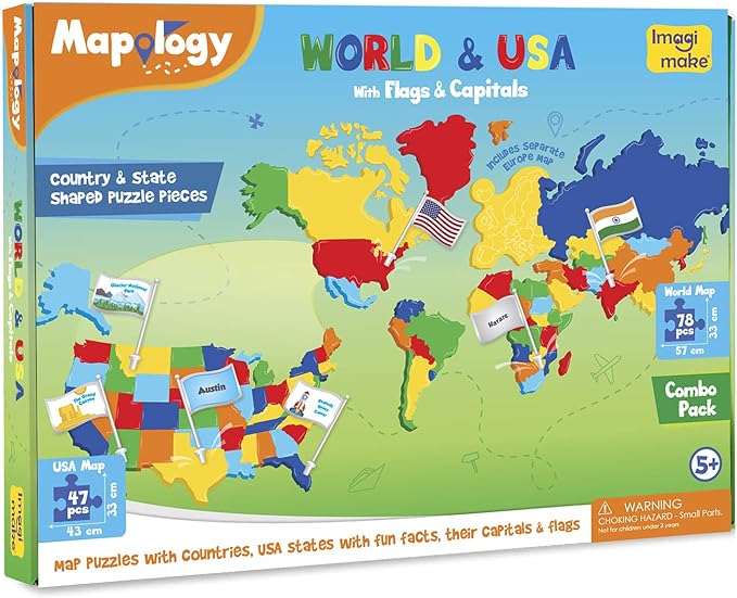Imagimake Mapology USA & World Map Puzzle, Learn Countries, Flags, Capitals | Educational Toy, Match Flags & Capitals, Back to School Gift for Boys & Girls Ages 5,6,7,8,9,10,11,12 Years Old