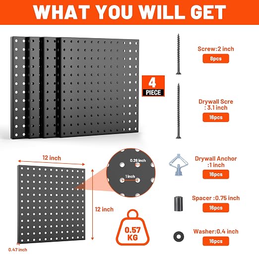 ValueMax 4 Pack Metal Pegboard Panels, 12"x12" Wall Tool Organizer | Heavy Duty Steel, Modular Storage, Garage Workbench, Tool Hooks, Kitchen Organization, Craft Room, DIY Workspace Setup