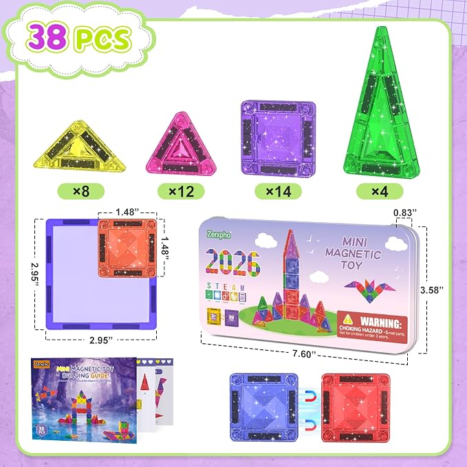 38PCS Mini Magnetic Tiles Glitter Diamond Pattern Magnetic Tiles Travel Set | Magnetic Blocks Building Toys with Case for Kids Ages 4-8, Portable Creativity Boosting Sensory Toys for Boys Girls Gift