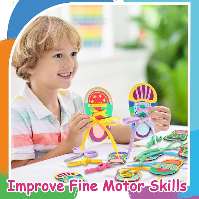 Capoda 9 Sets Back to School Lacing Cards Shoes Educational Threading Toy for Classroom Wooden Lacing Card Toys with Colorful Threads for Develop Imagination Early Education and Learning Activity