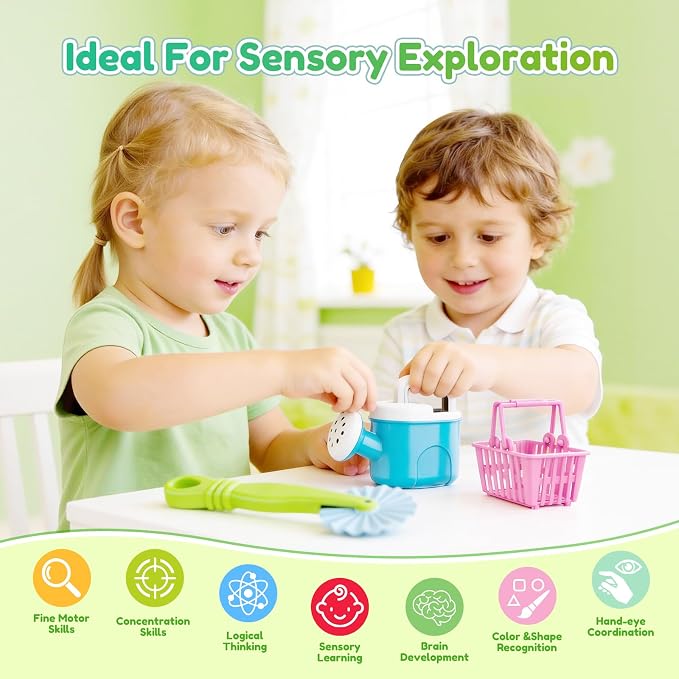 34PCS Sensory Bin Filler Tools,Fine Motor Skills Handy Sensory Bin Scooper Set with Scoops,Tweezers,Beach Shovels,Kettle,Rake,Sensory Table Bin Accessories for Counting Sorting Hammering Pounding