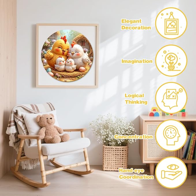 Animal Wooden Puzzles for Kids Ages 6-8 - Chicken Family | 50 Piece Puzzles for Kids Ages 6-8, Kids Puzzle with Unique Shapes, Round Puzzles for Girls and Boys (11.4 * 11.4 in)