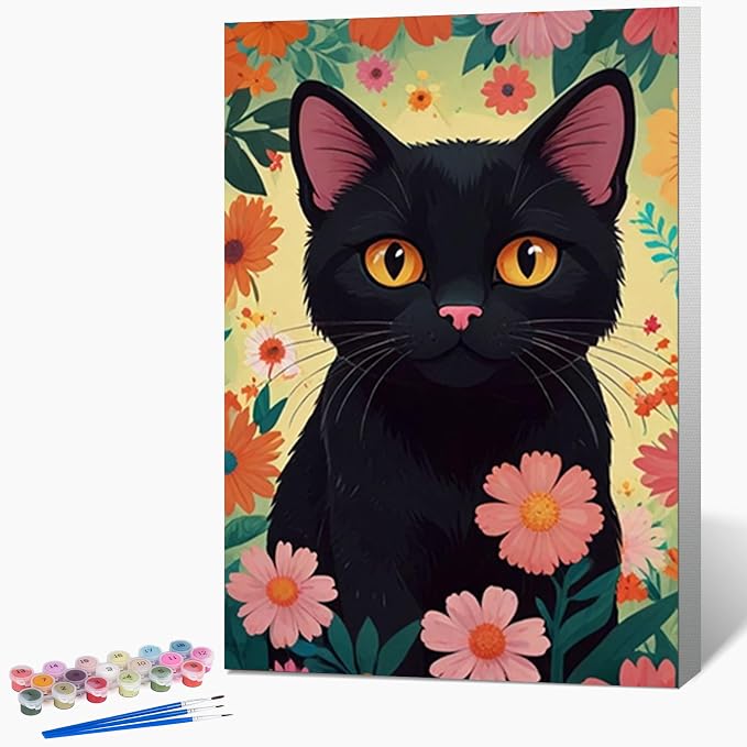 Fountor Framed Paint by Numbers Kit for Adults Beginner 8x12 in, Black Cat | For Adults & Kids Ages 8-12, DIY Acrylic Painting, Cat Lovers Paint by Number with frame, Stress Relief Home Wall Decor Gifts