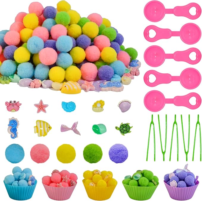 185pcs Summer Ocean Animal Sensory Bin Filler Fine Motor Toys Ocean Animals Sensory Bin Items Resin Crab, Starfish, Sea Snail, Pearl Shell Pom Poms for Preschool Education Counting Sorting