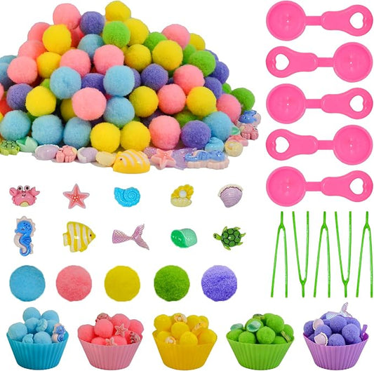185pcs Summer Ocean Animal Sensory Bin Filler Fine Motor Toys Ocean Animals Sensory Bin Items Resin Crab, Starfish, Sea Snail, Pearl Shell Pom Poms for Preschool Education Counting Sorting