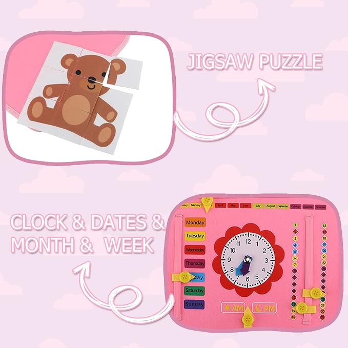 Busy Board Montessori Toy for 3-6 Year Old Toddlers - Educational Activity Developing Sensory Board for Basic Dress Fine Motor Skills - Travel Toys for Plane Car, Gift for Boys Girls