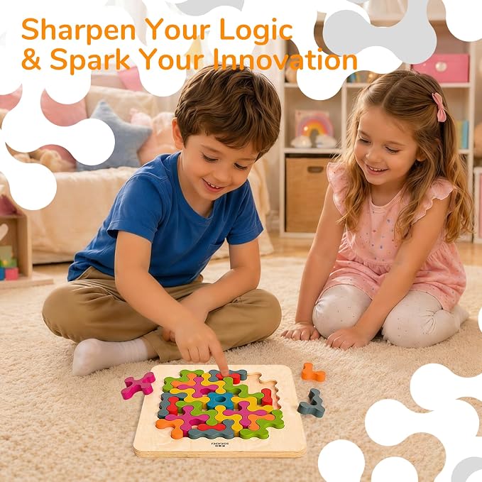 Wooden Brain Teaser Puzzles for Kids - Montessori STEM Tangram Logic IQ Game, Jigsaw Pattern Blocks Educational Toys, Festival Present for Toddlers Boys Girls Ages 3-6 and Adults (Imagination)