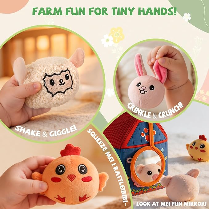 SAIMAND Montessori Farm Toy for Babies, Plush Barn with 7 Soft Animal Toys | Crinkle, Squeaky, Rattle, Mirror, Portable Barn Storage, Fine Motor Play, Multi-Sensory Learning, Gift for Infants & Toddler