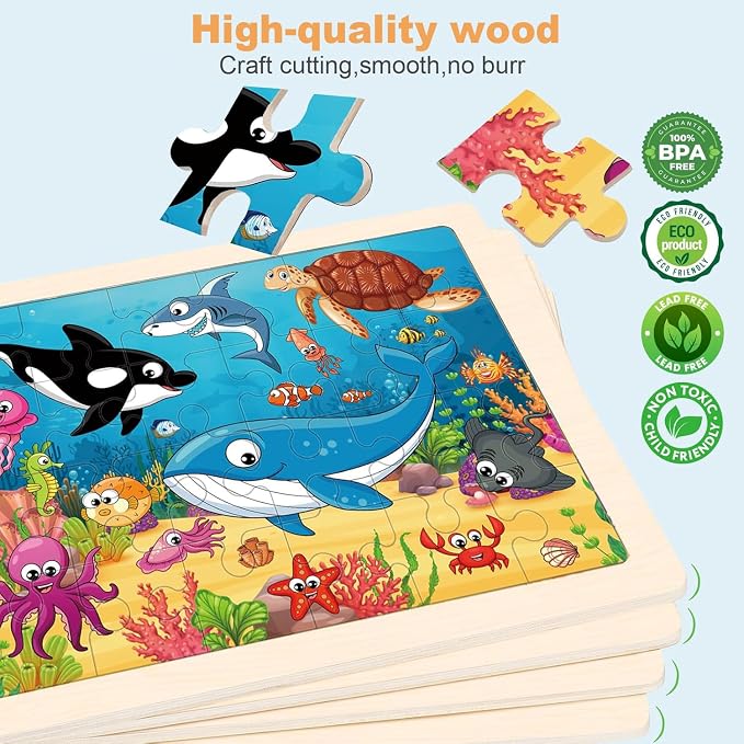 Wooden Puzzles for Kids Ages 3-5 4-6, 24 Piece Animals Puzzles Wooden Toys | 4 Pack Montessori Toddler Jigsaw Puzzles for Girl boy 3 4 5 6 Years Old,Preschool Learning Educational Birthday Gift Travel