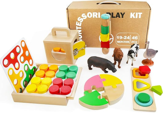 WOODMAM 9 in 1 Wooden Montessori Educational Toy Set for Kids 19-24 Months | 60Pcs Montessori Toys for 1+ Year Old, Lock Box, Color Sorting Board, Lacing Beads, Animal Figures, 19-24 Months Gifts