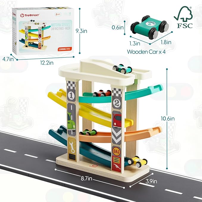 TOP BRIGHT Toddler Toys for 2 Year Old Boy, Wooden Car Ramp Race Track Set | Car Toys for Toddlers 1-3 with Cars and a Garage, Montessori Toys for 12 Year Old Boy Girl,Birthday Gift for Age 18+ Month