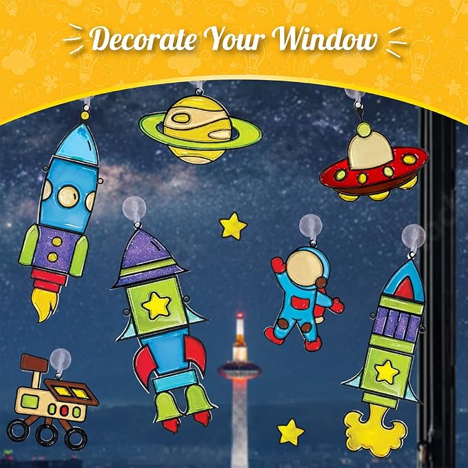 Imagimake Window Art - Rocket, DIY Mess-Free 16 Pieces Suncatcher Kit | Stained Glass Painting Craft Activity for Kids, Birthday Gift for Boys & Girls Ages 5,6,7,8,9,10,12 Years Old