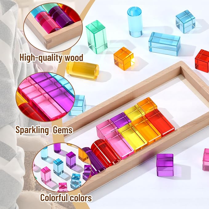 27 Pcs Acrylic Wooden Gem Blocks Sparkling Translucent Cubes Stacking Toys Wooden Cubes Blocks with Colorful Acrylic Open Ended Play Montessori Educational Toys (Square)