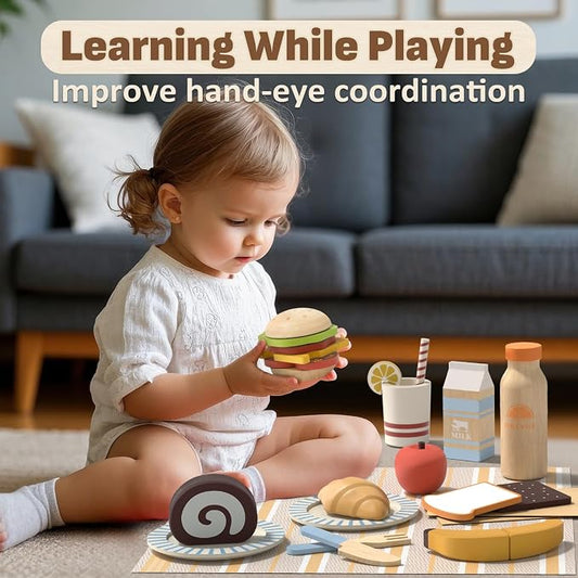 Lehoo Castle Wooden Play Food Set for Toddlers, Play Kitchen Accessories | Pretend Play Cutting Toys, with Storage Bag, Fruits, Hamburger, Plates, Cutlery, Montessori Toys for Girls Boys Kids 3-5