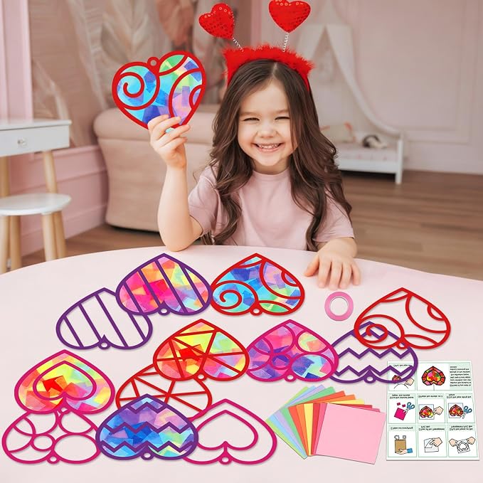 Qyeahkj 36 Set Valentine's Day Suncatchers Craft Kit DIY Heart Window Stained Glass Effect Paper Pink Love Window Tissue Paper Craft Home Decor Valentines Art Supplies Favor Gift