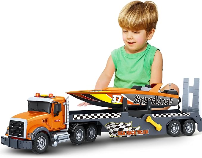 Bstoyder Toddler Boy Toys for 3 4 5 6 7 Years Kids, 21" Semi Flatbed Truck Toy with a Sea Race Truck, Friction Powered Vehicles Toys with Lights and Sounds, Birthday for Boy Girls