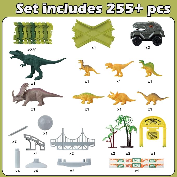 Dinosaur Race Car Track Toys for Kids, Birthday Gifts for 3 4 5 6 7 Year Old Boys Girls, 255+ PCS Dinosaur World Adventure Building Playset with Flexible Track, DIY A Dinosaur World Road Race