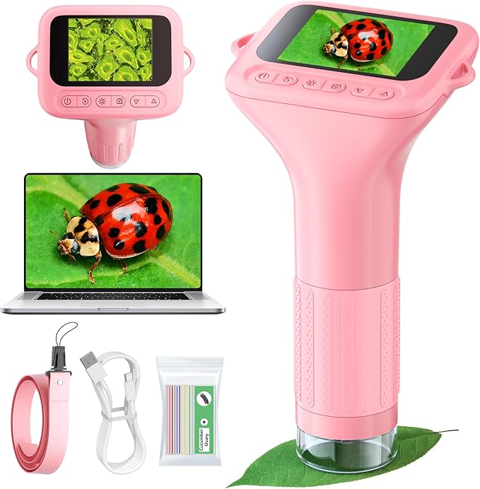 Odatay 1000X Digital Kids Microscope Kit with 12 Slides & 2" Screen, Pink | 1080P Imaging, Fit Ages 3-12, Standalone Pocket Science Edu Toys Gifts, Outdoor Backyard Bugs Exploring, Anti-drop Lanyard
